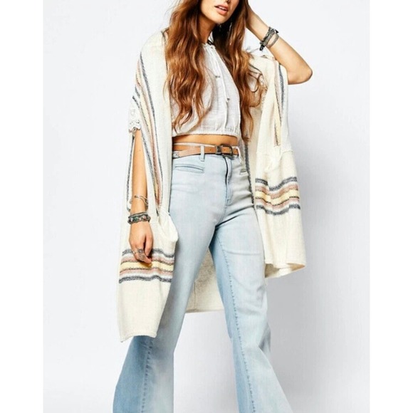 Free People Jackets & Blazers - Free People Deck Chair Knit Sweater Kimono Cardi Top M L Cream Stripe Coastal